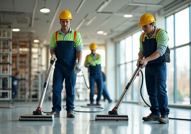 Ekipa sprzątająca usuwa pył poremontowy w warszawskim biurowcu