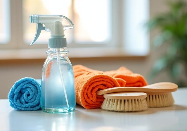 Profesjonalne narzędzia sprzątające poukładane estetycznie